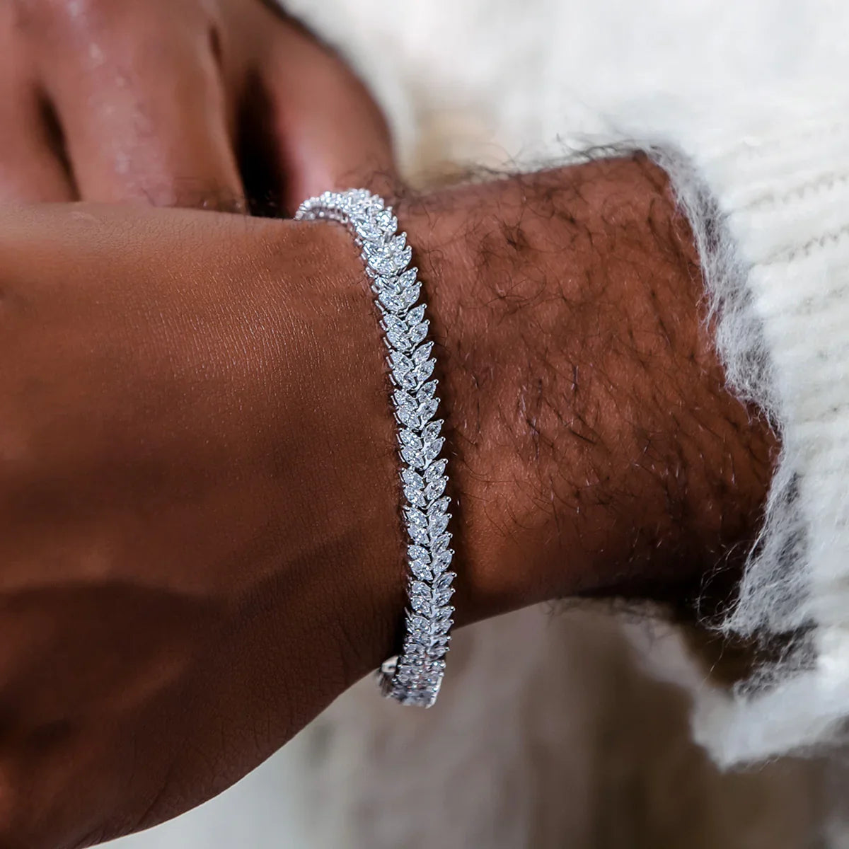 Iced Herringbone Bracelet in White Gold- 7mm