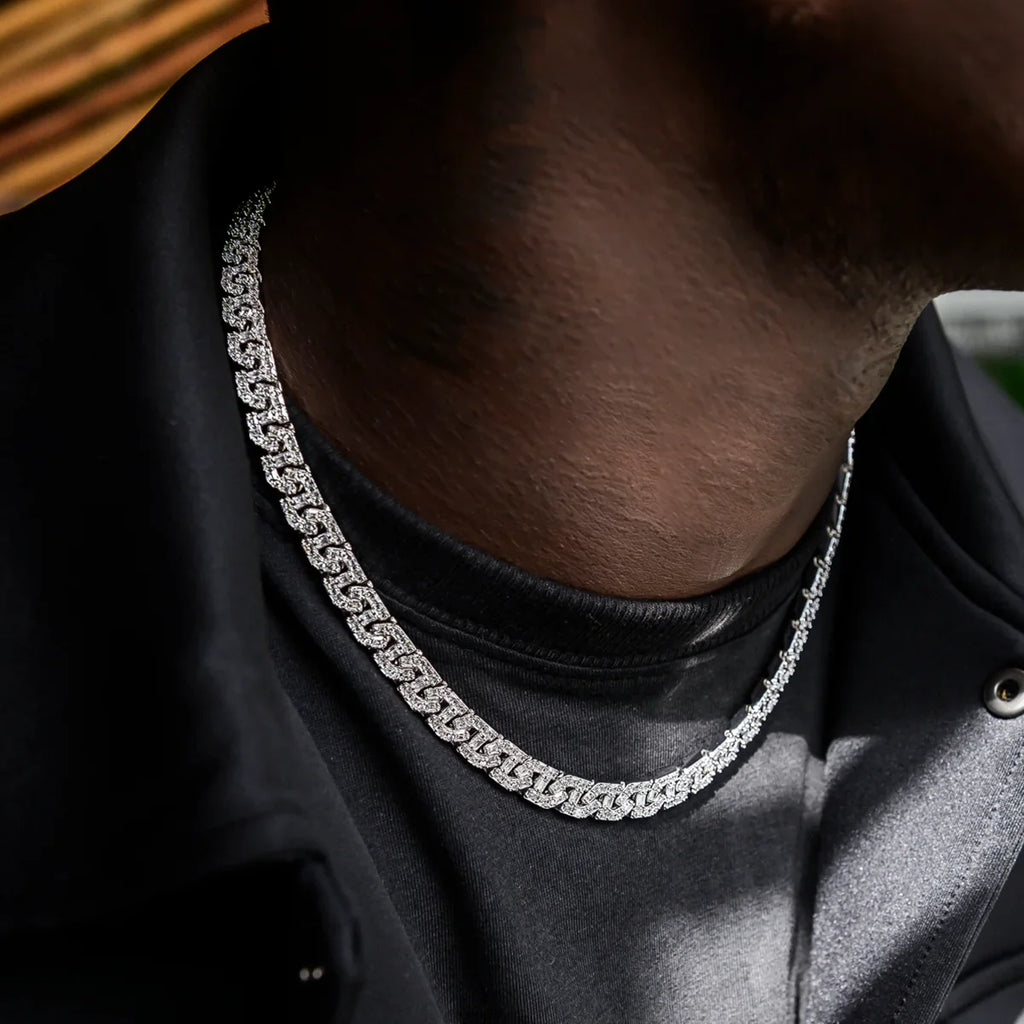 Baguette Chain Link Necklace + Bracelet in White Gold- 8mm