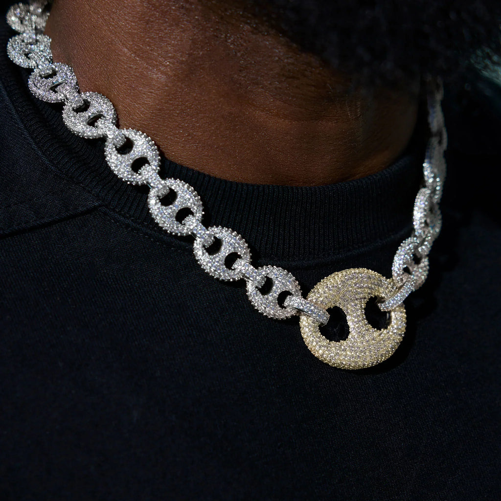 Iced Two Tone Large Link Puffed Mariner Chain in White & Yellow Gold - 15mm