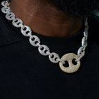 Iced Two Tone Large Link Puffed Mariner Chain in White & Yellow Gold - 15mm
