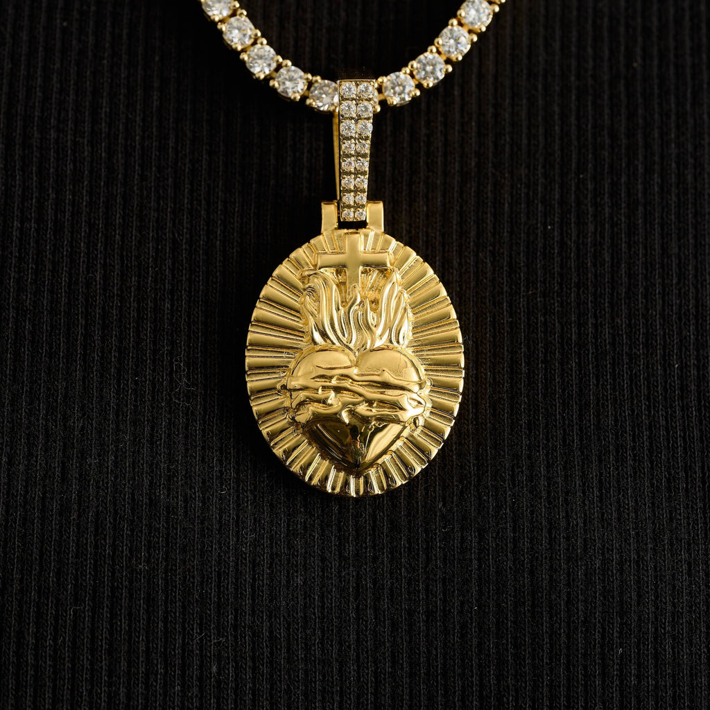 Simple Fire Heart Cross Pendant in Yellow Gold