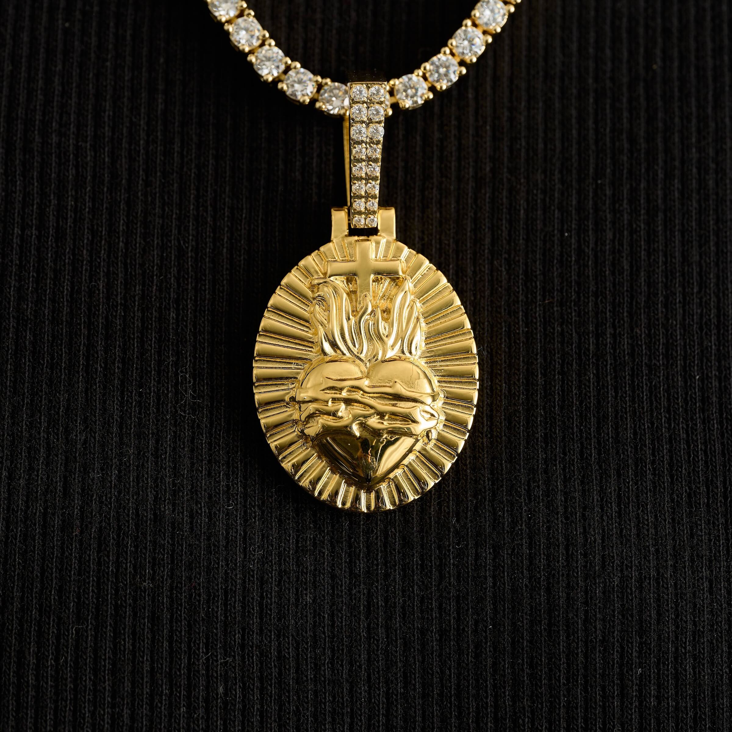 Simple Fire Heart Cross Pendant in Yellow Gold