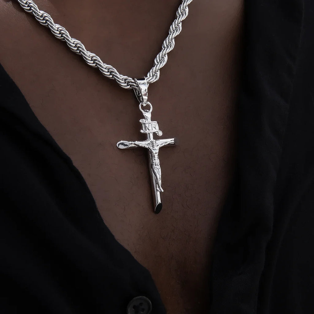 Large Crucifix Cross Pendant in White Gold