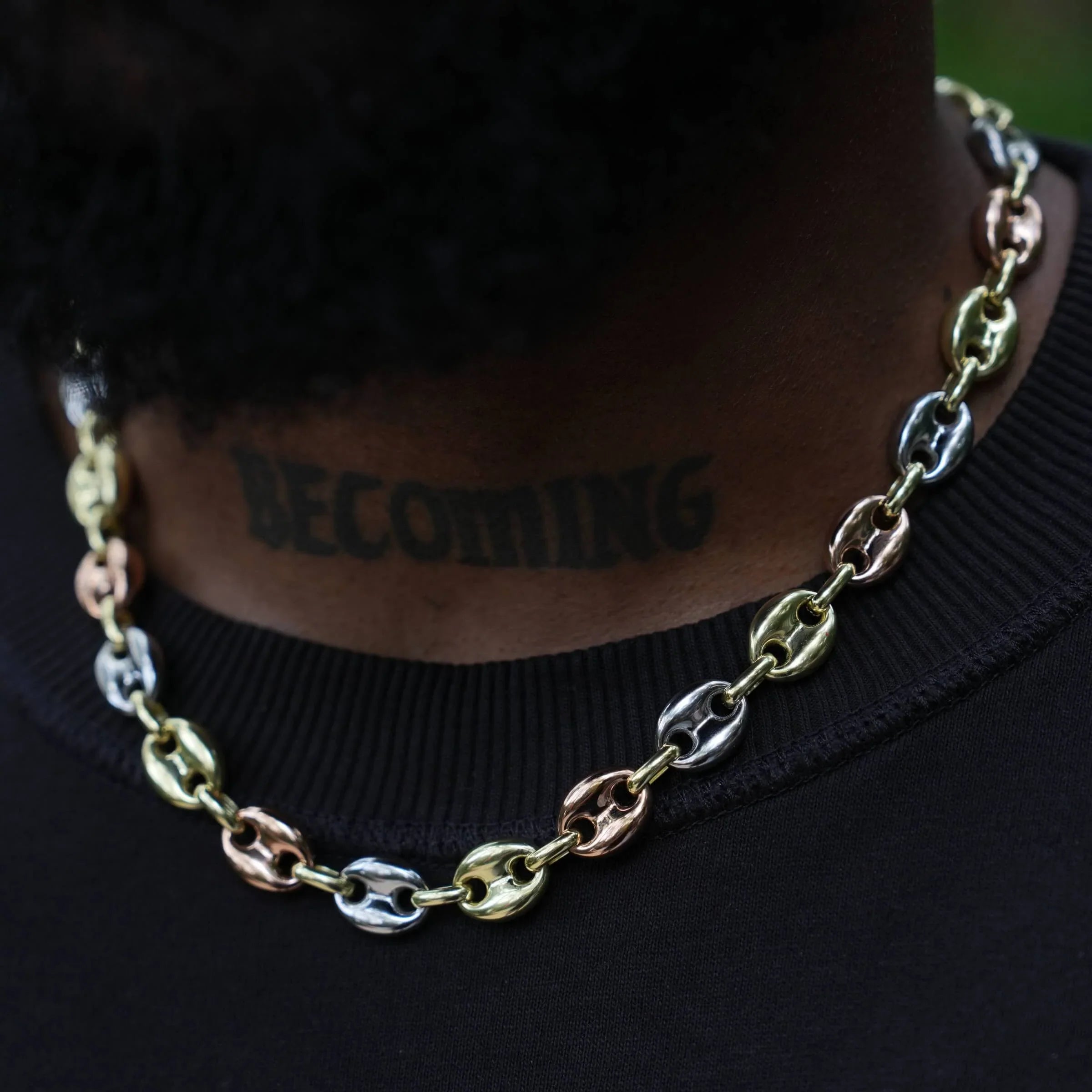 Puffed Mariner Chain Necklace in Yellow, Rose, and White Gold - 12mm