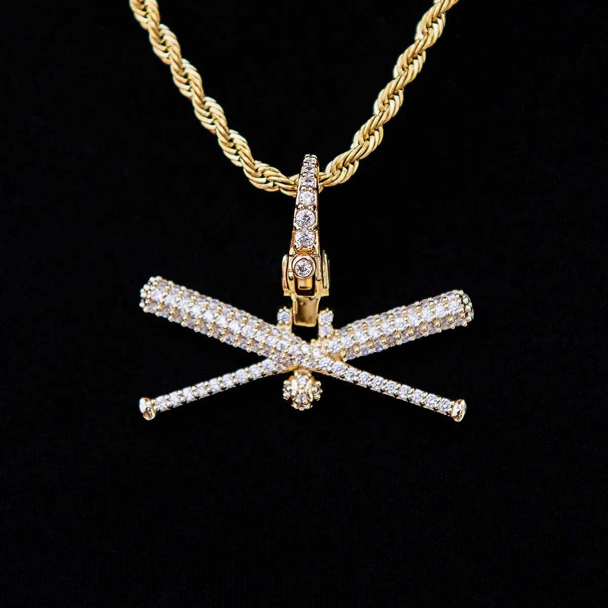 Iced Baseball Bat Clip On Pendant - Yellow Gold