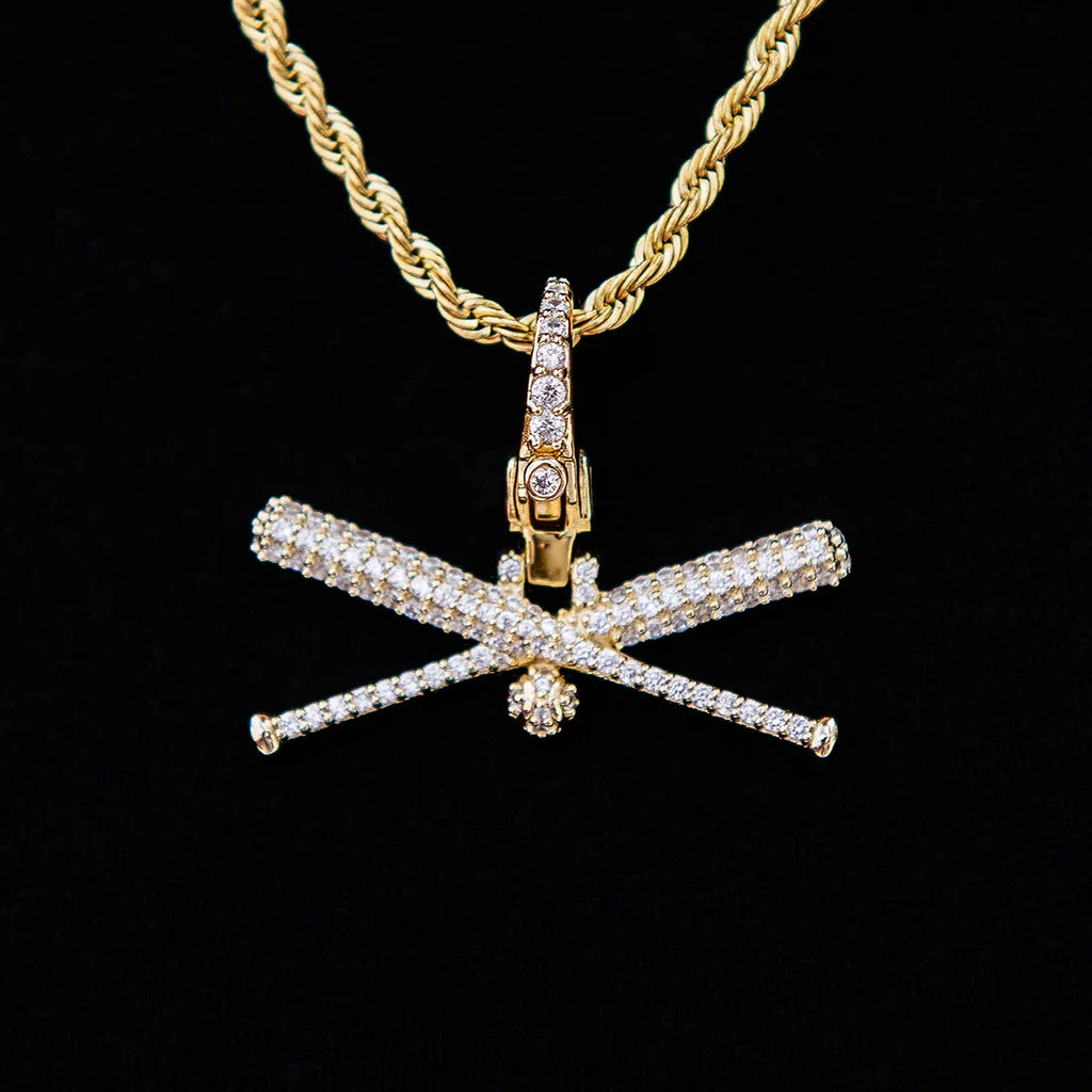 Iced Baseball Bat Clip On Pendant - Yellow Gold