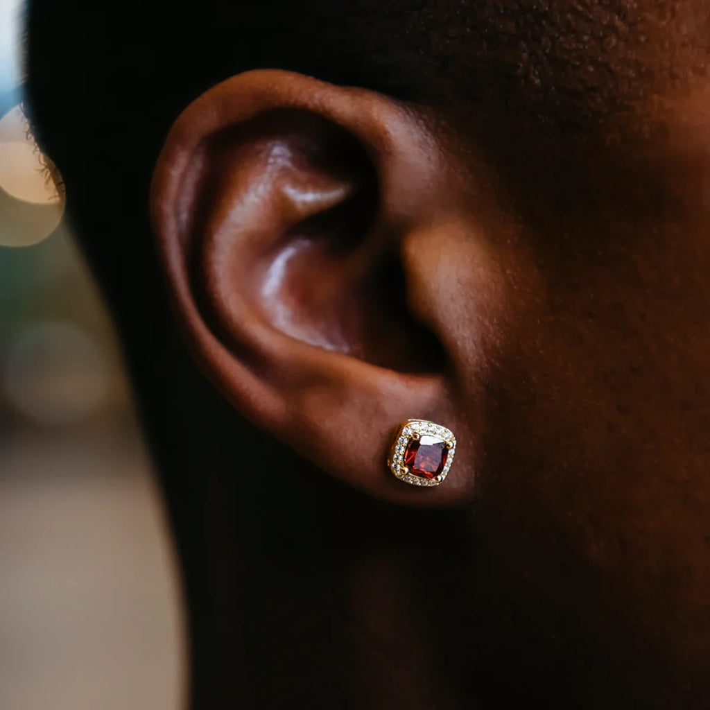 Ruby Cushion Cut Earrings in Yellow Gold