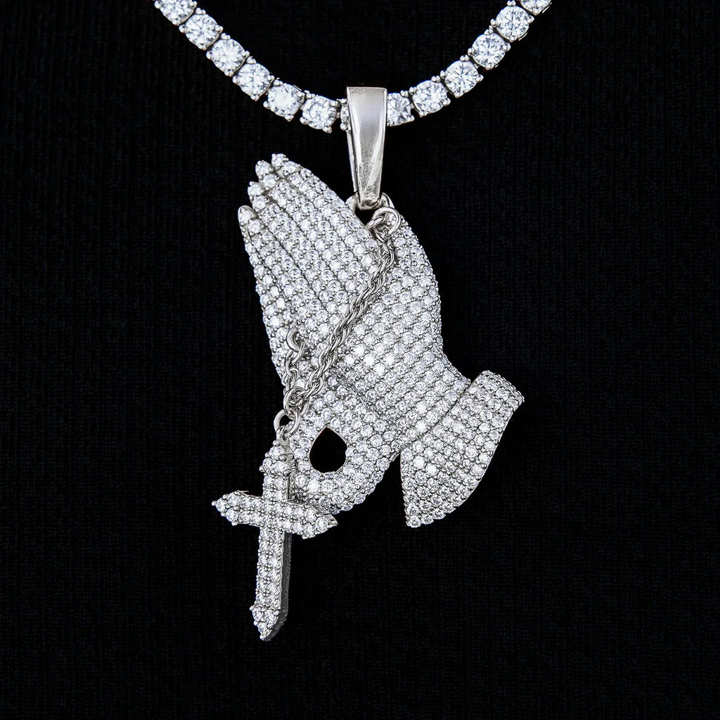 Moissanite Praying Hands Pendant in Sterling Silver