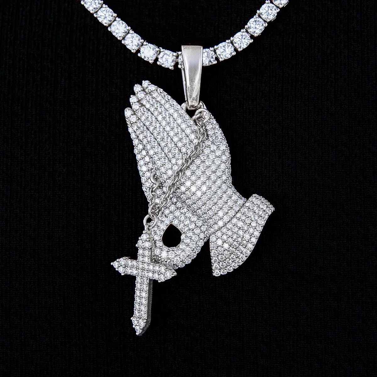 Moissanite Praying Hands Pendant in Sterling Silver