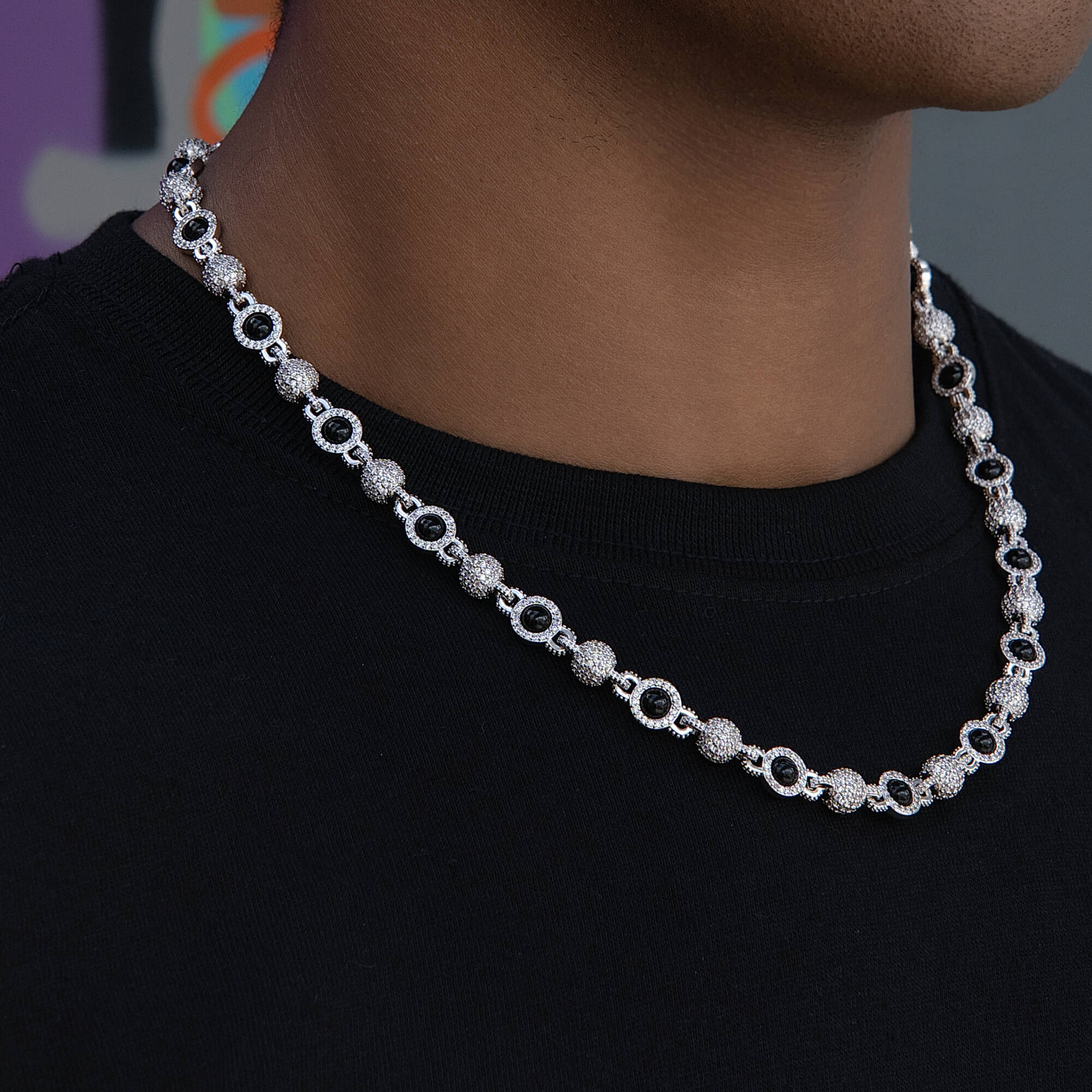 Iced Black Pearl Ball Chain Necklace in White Gold