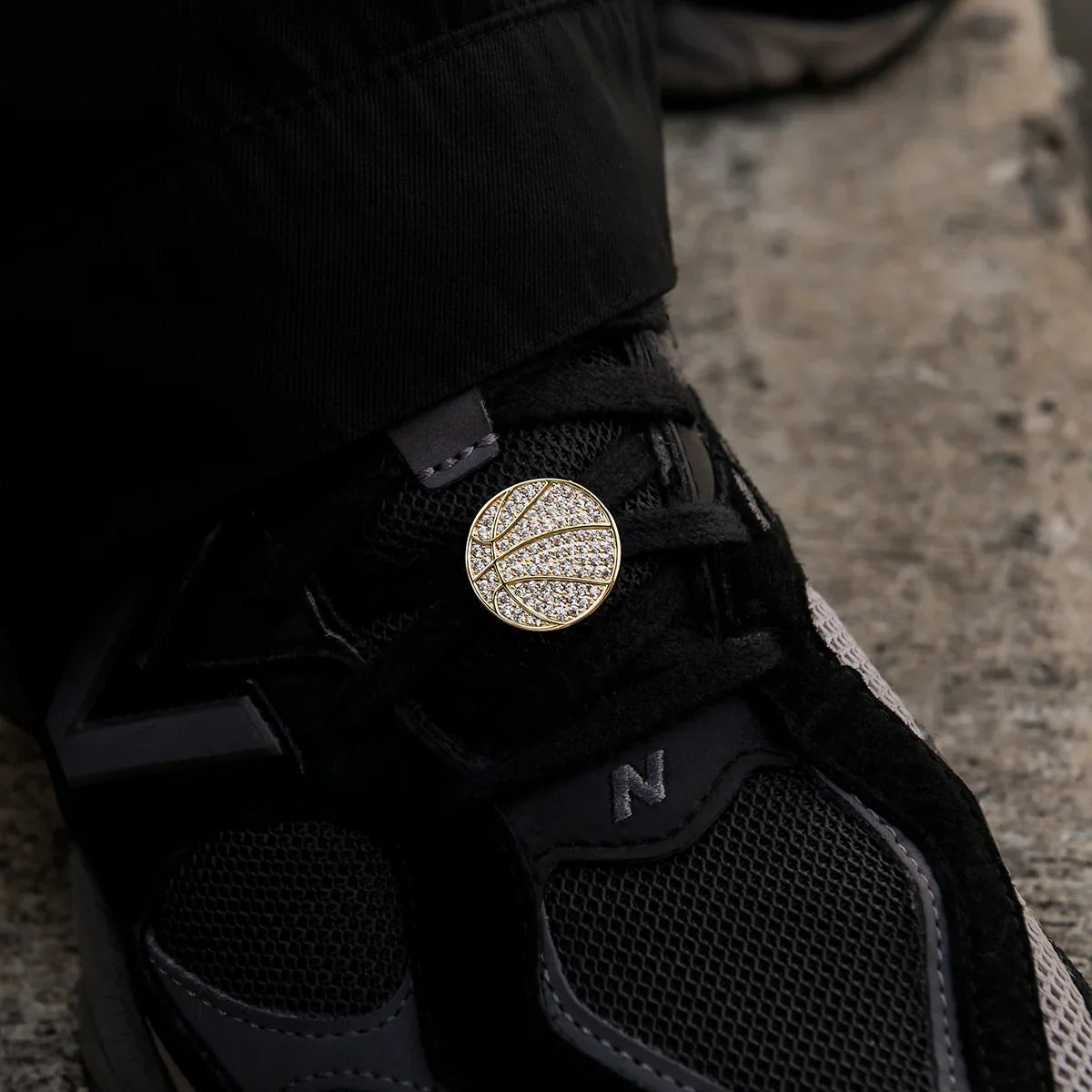 Pave Basketball Shoelace Charm in Yellow Gold