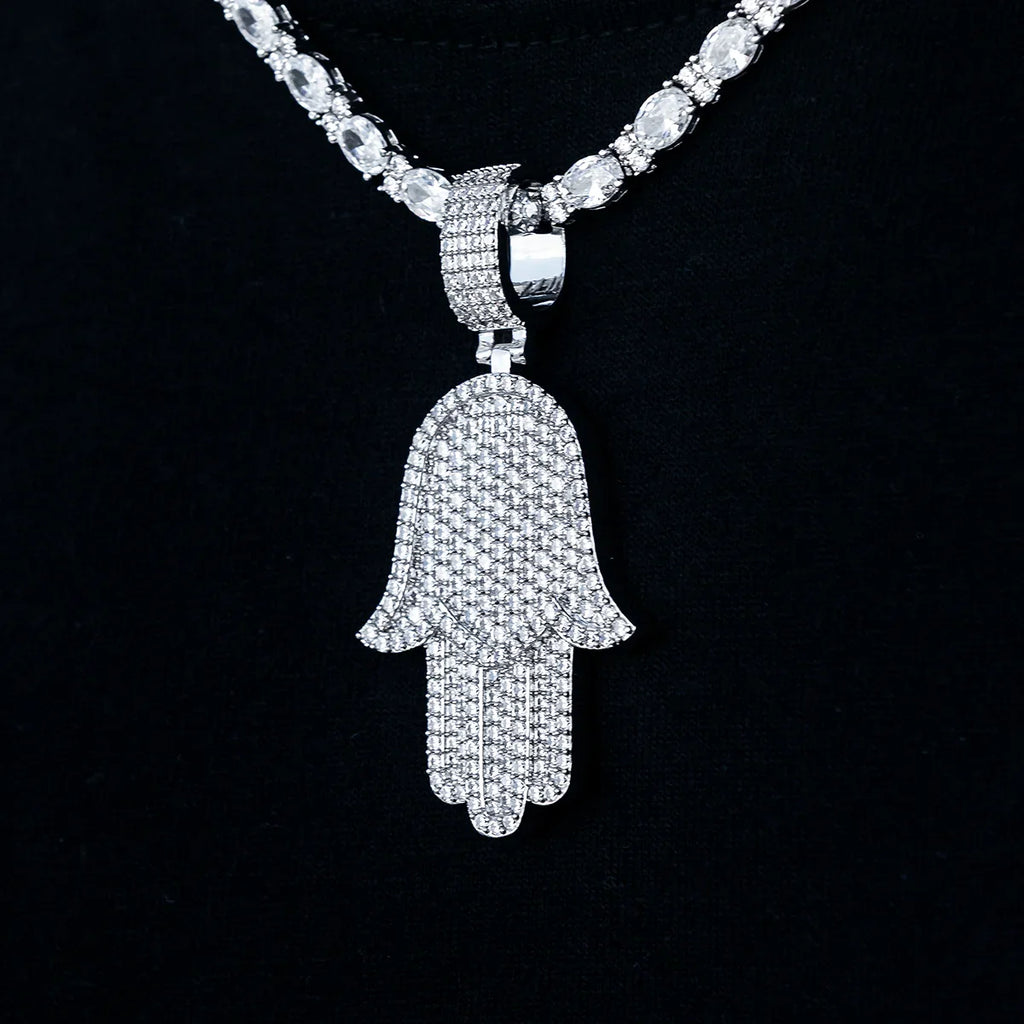 Large Iced Baguette Hamsa Pendant in White Gold