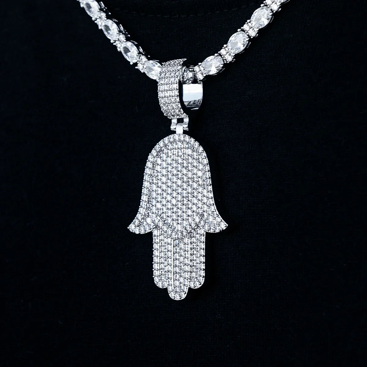 Large Iced Baguette Hamsa Pendant in White Gold