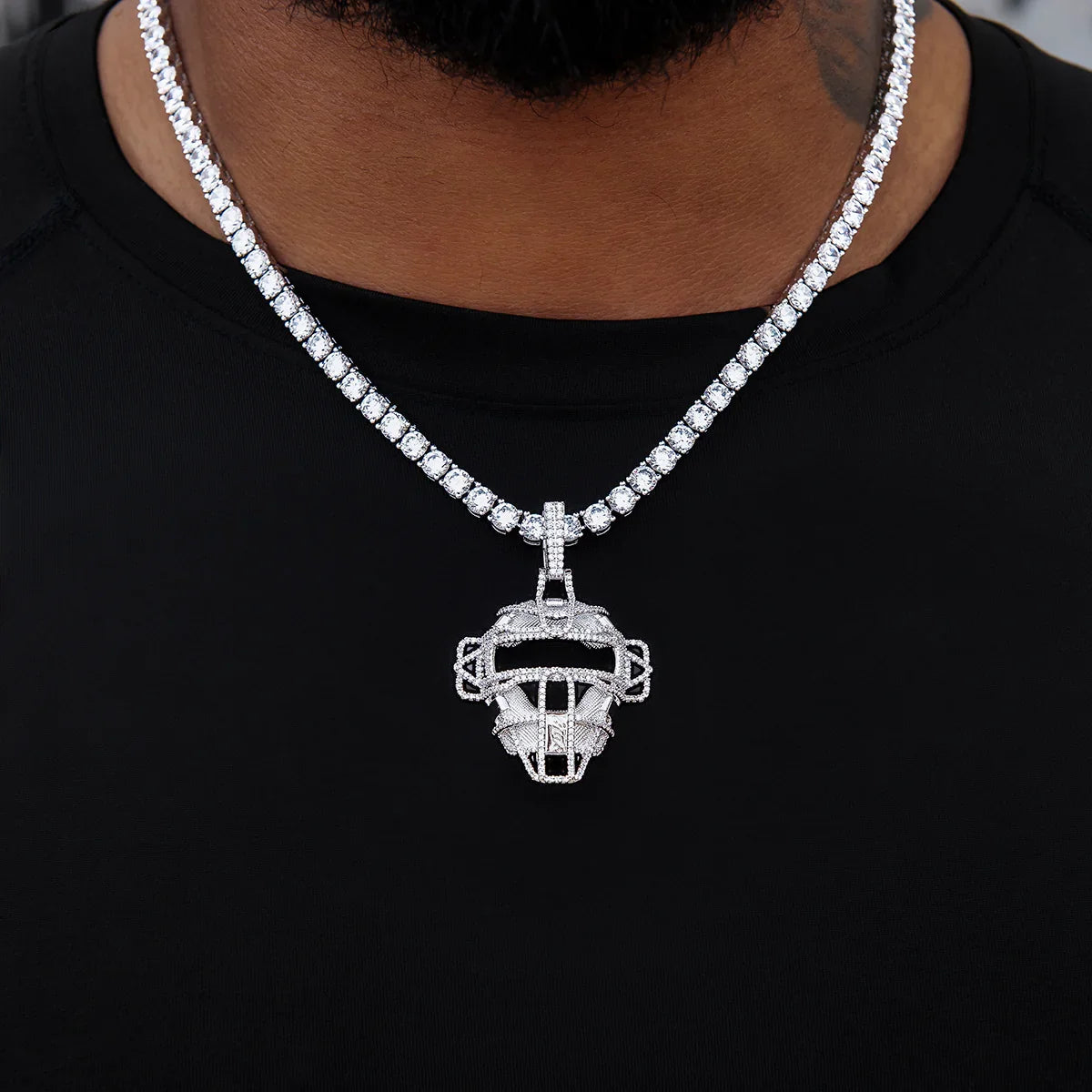 Iced Catchers Mask Baseball Pendant in White Gold
