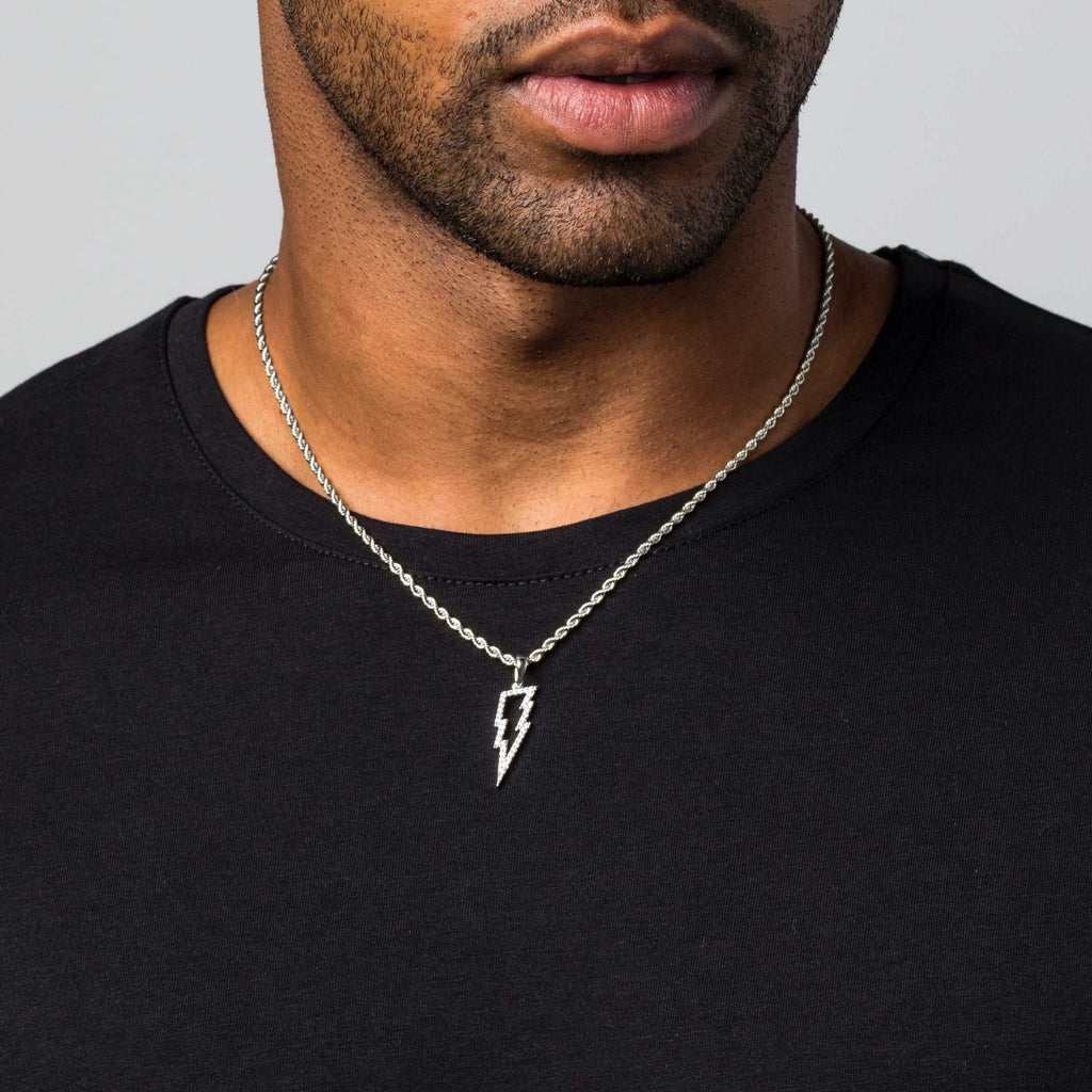 Men's Moissanite Diamond Micro Lightning Bolt Pendant in White Gold Vermeil