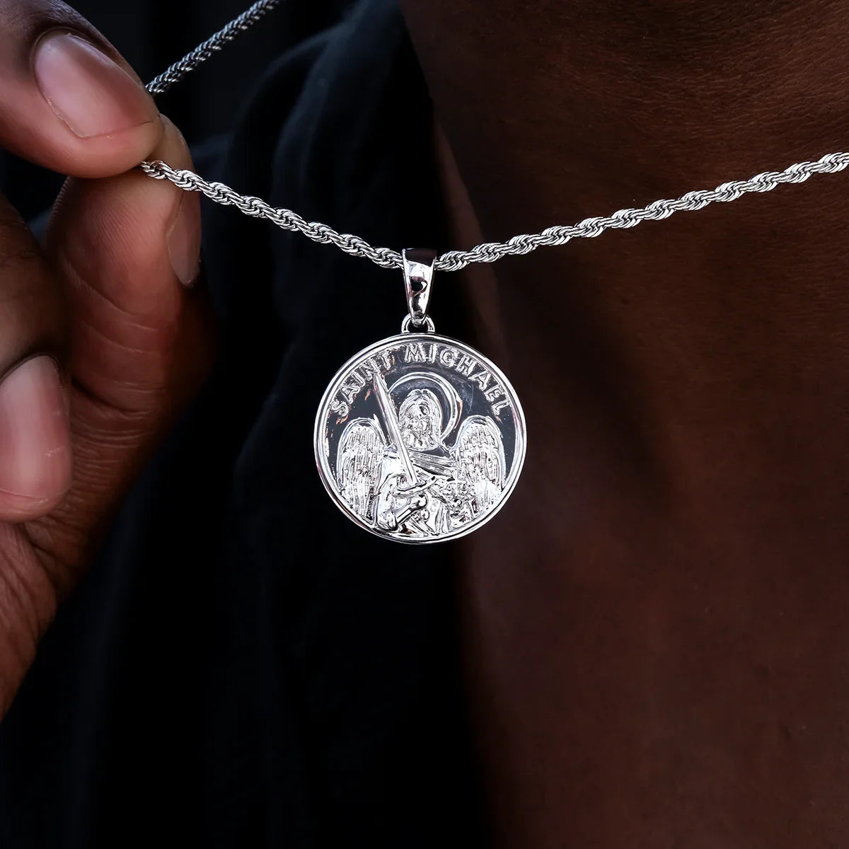Saint Michael Coin Pendant in White Gold