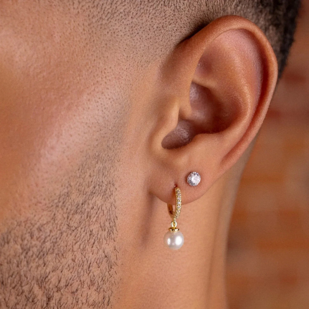 Pave Extra Small Huggie Hoop Pearl Drop Earrings in Yellow Gold