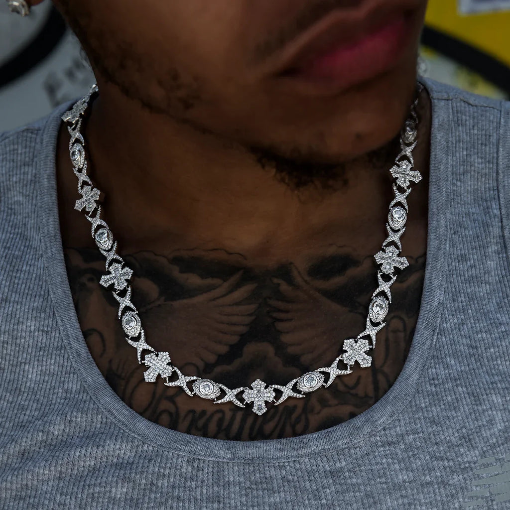 Baguette Cross Evil Eye Chain + Bracelet in White Gold