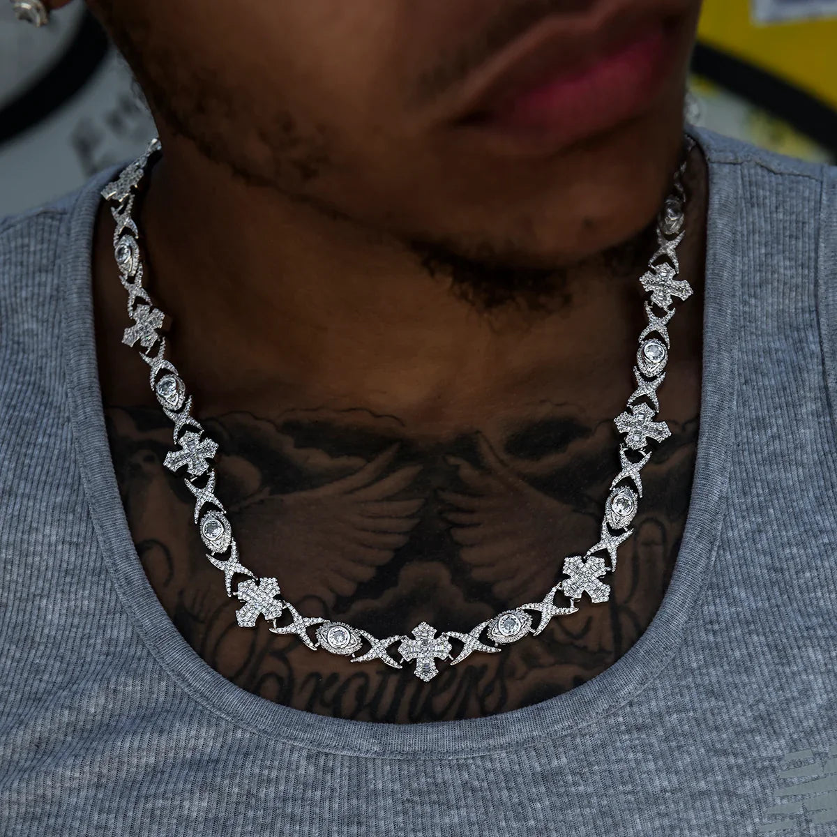 Baguette Cross Evil Eye Chain + Bracelet in White Gold