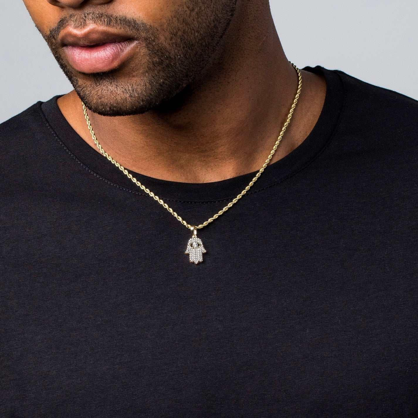 Micro Iced Hamsa Pendant in Yellow Gold