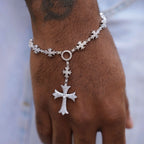Iced Flared Cross Rosary Bracelet in White Gold