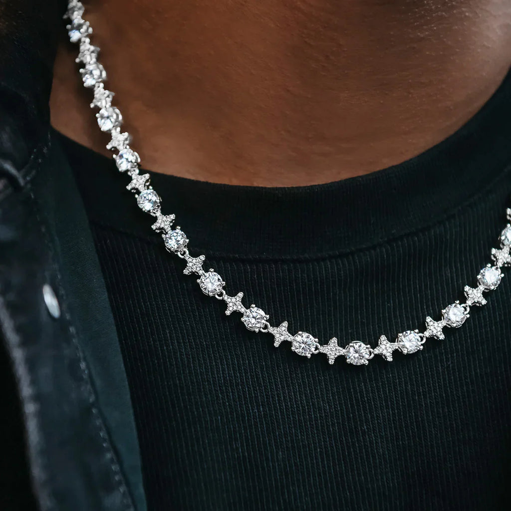 Round Stone Star Tennis Chain in White Gold - 8mm