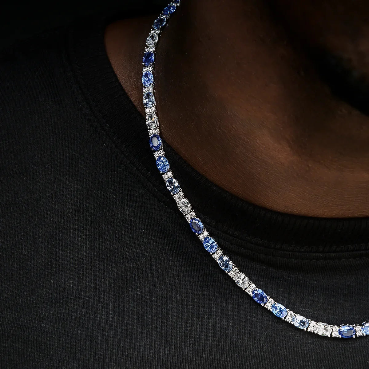 Blue Mixed Oval Cut Tennis Chain in White Gold - 5mm