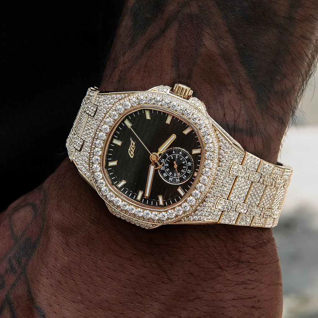 39MM Visionary Fully Iced Case & Black Dial Watch - Yellow Gold