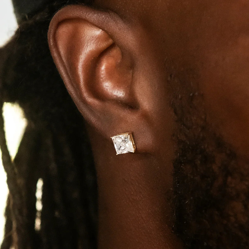 7mm Square Cut Diamond Stud Earrings in Yellow Gold