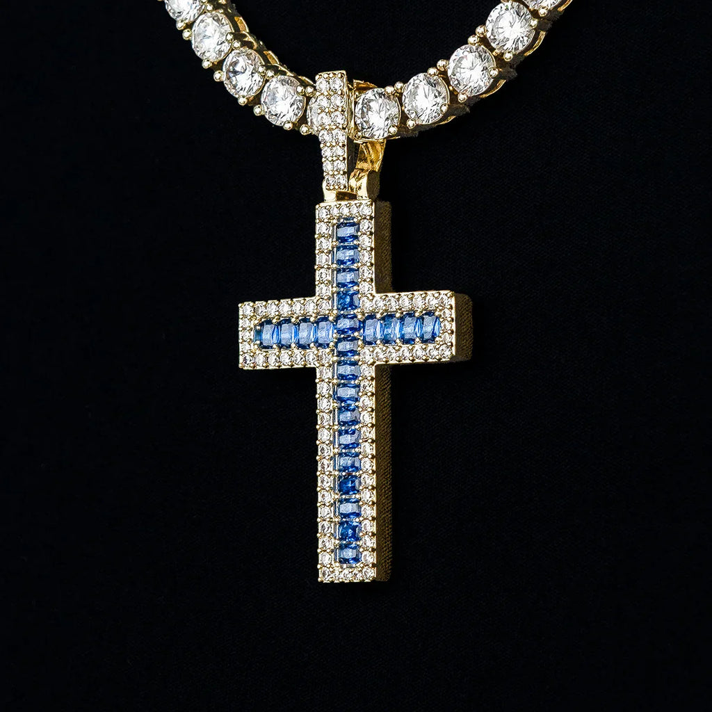 Blue Baguette Cross Pendant