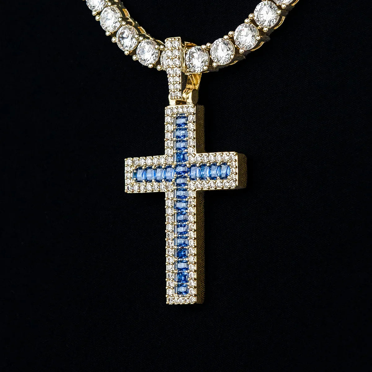 Blue Baguette Cross Pendant