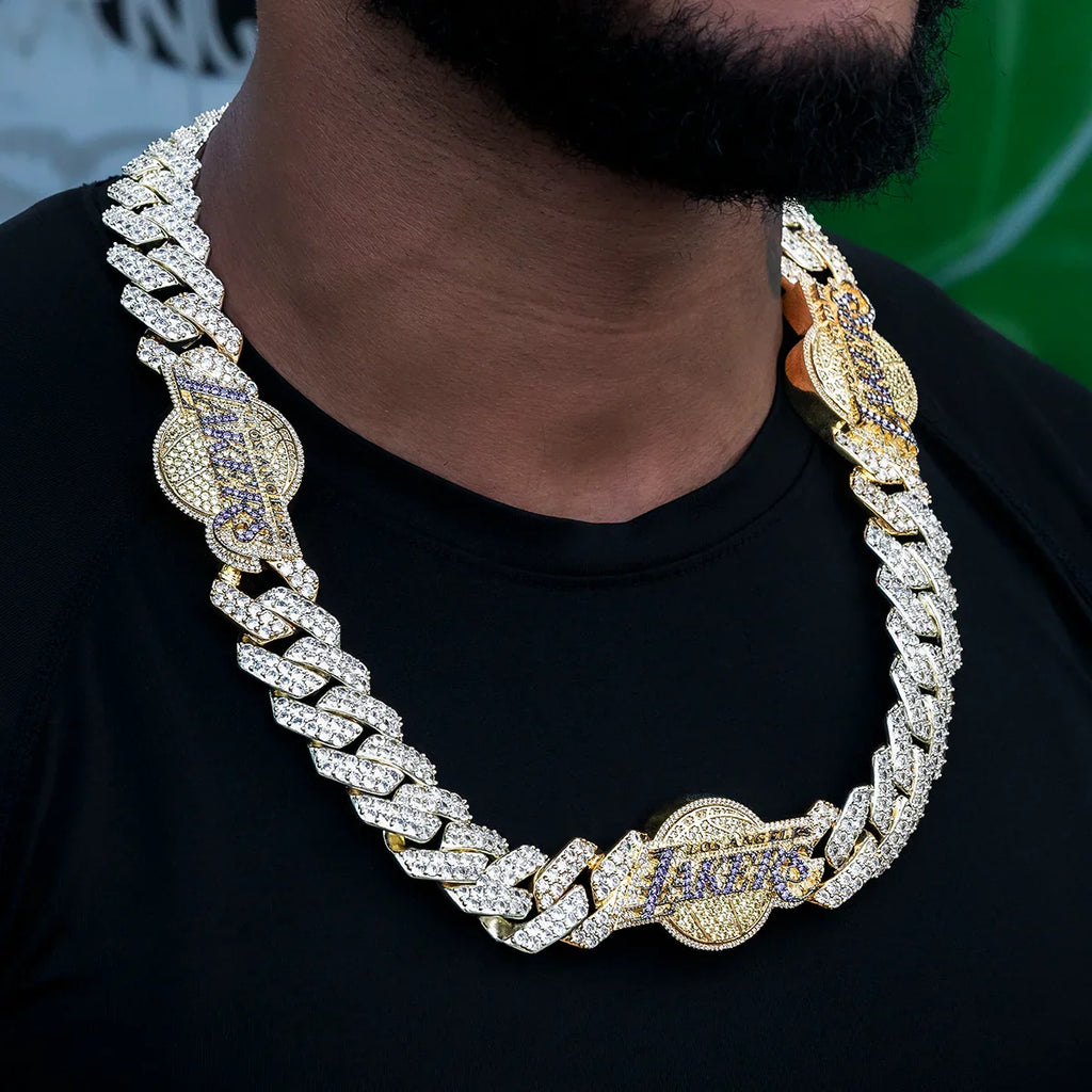 Los Angeles Lakers Official NBA Diamond Prong Cuban Chain in Yellow Gold- 25mm