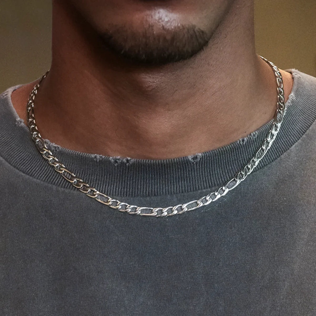 Figaro Chain + Bracelet Bundle in White Gold- 6mm