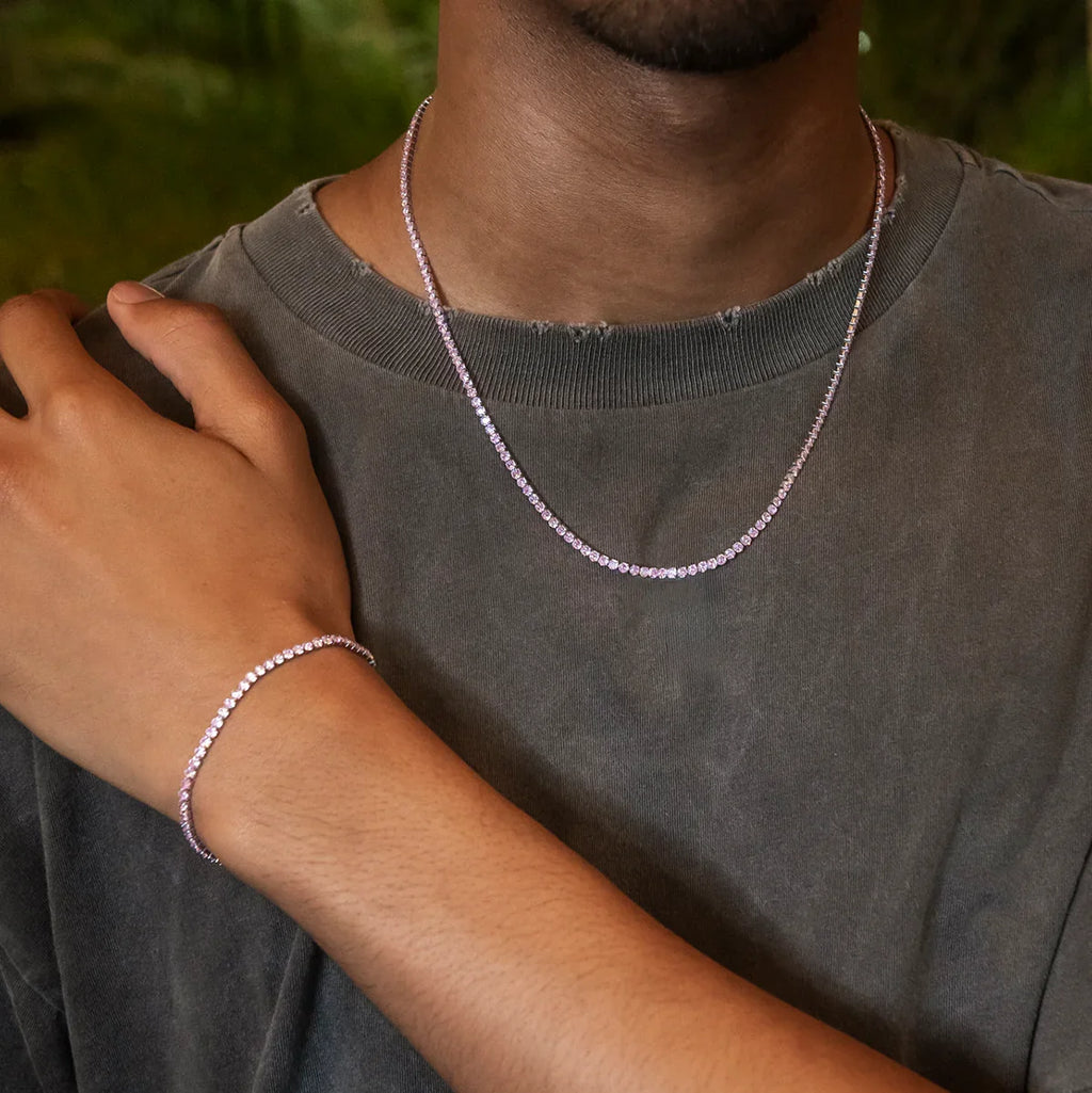 Pink Diamond Micro Tennis Chain in White Gold