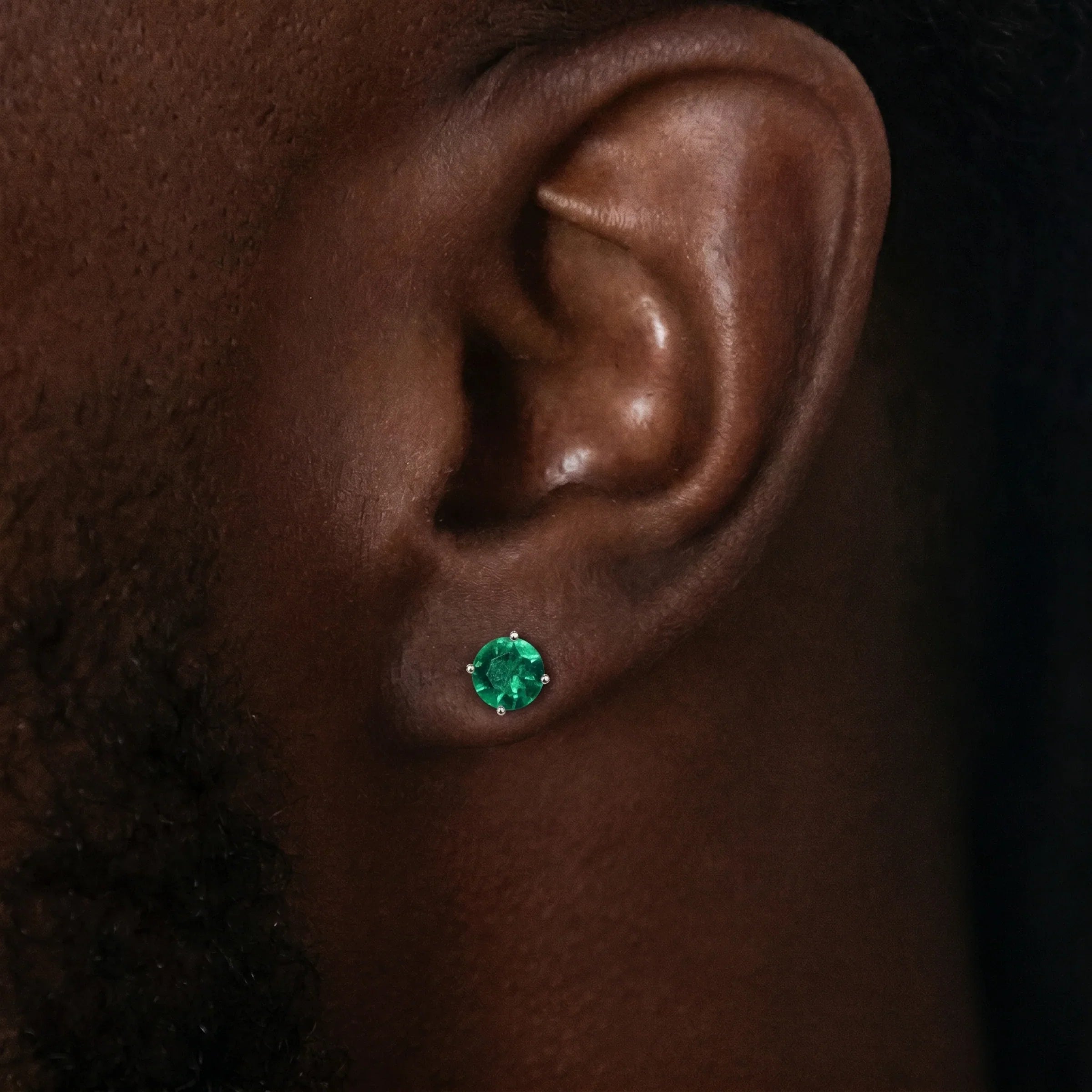 Emerald Round Cut Stud Earring in White Gold - 5mm