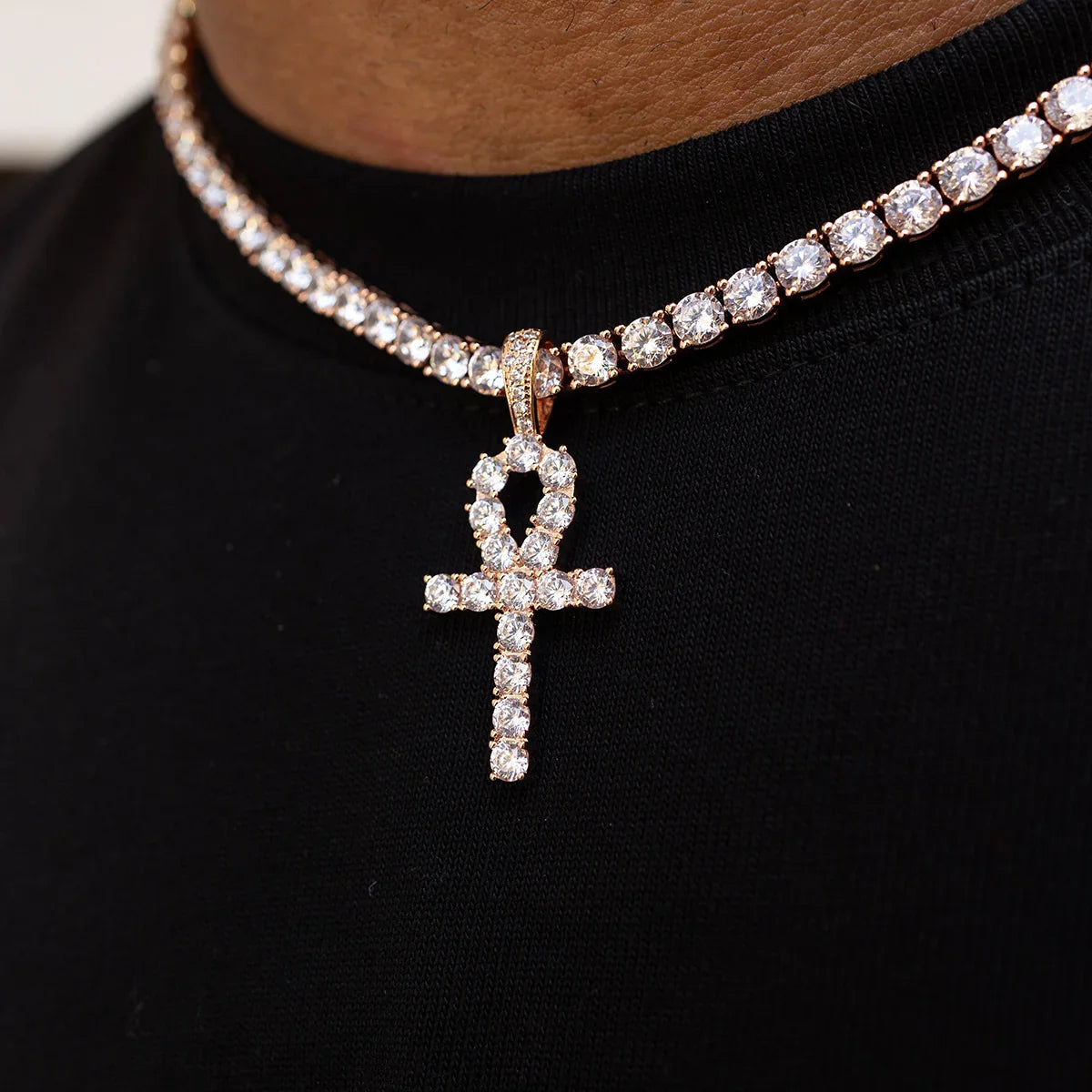 Iced Ankh Cross Pendant in Rose Gold
