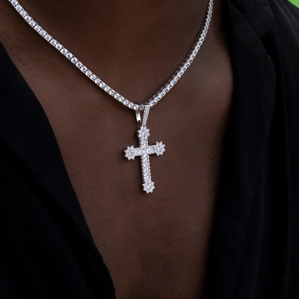 Diamond Flower Cross Pendant in White Gold