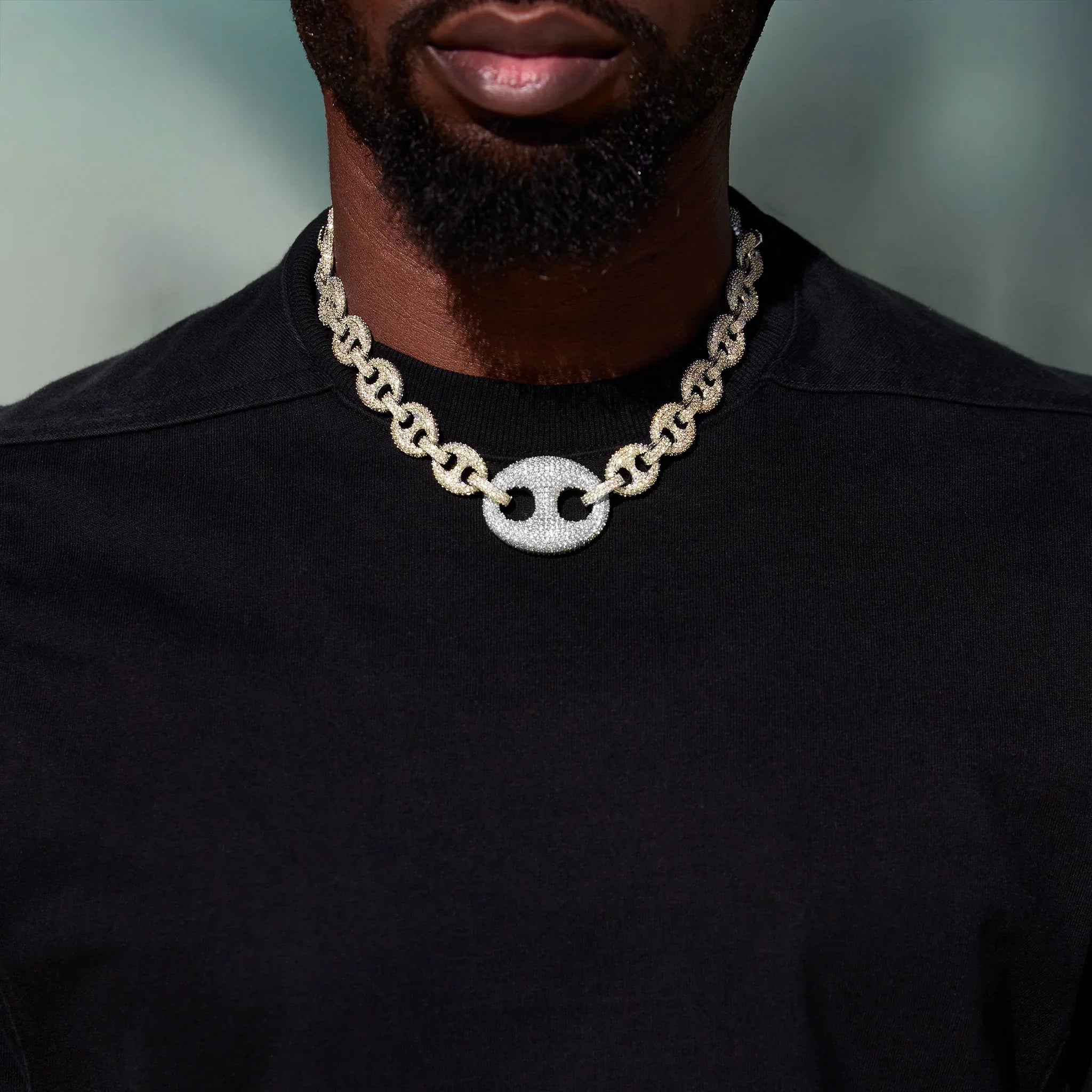 Iced Two Tone Large Link Puffed Mariner Necklace in Yellow & White Gold - 15mm