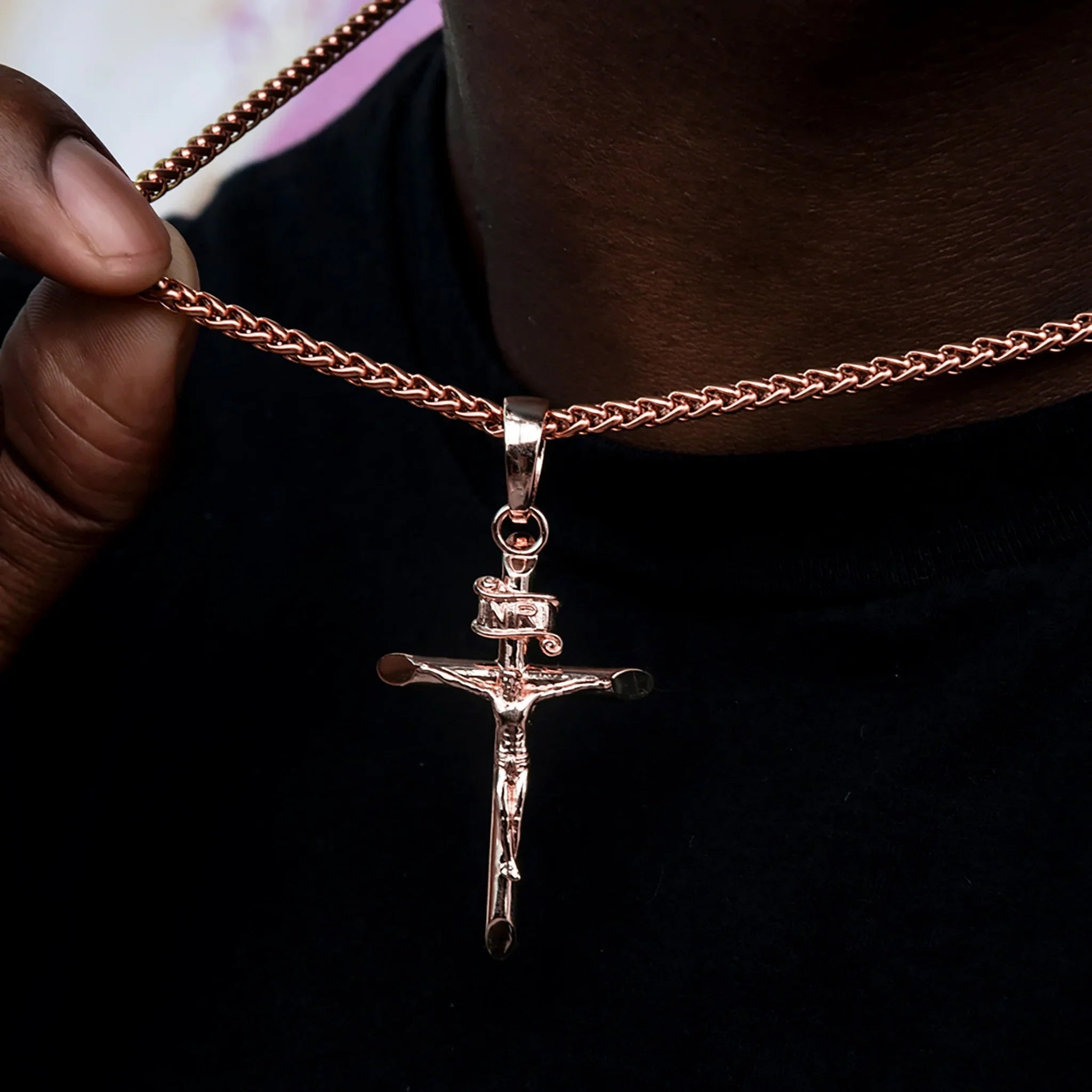 Large Crucifix Cross Pendant in Rose Gold