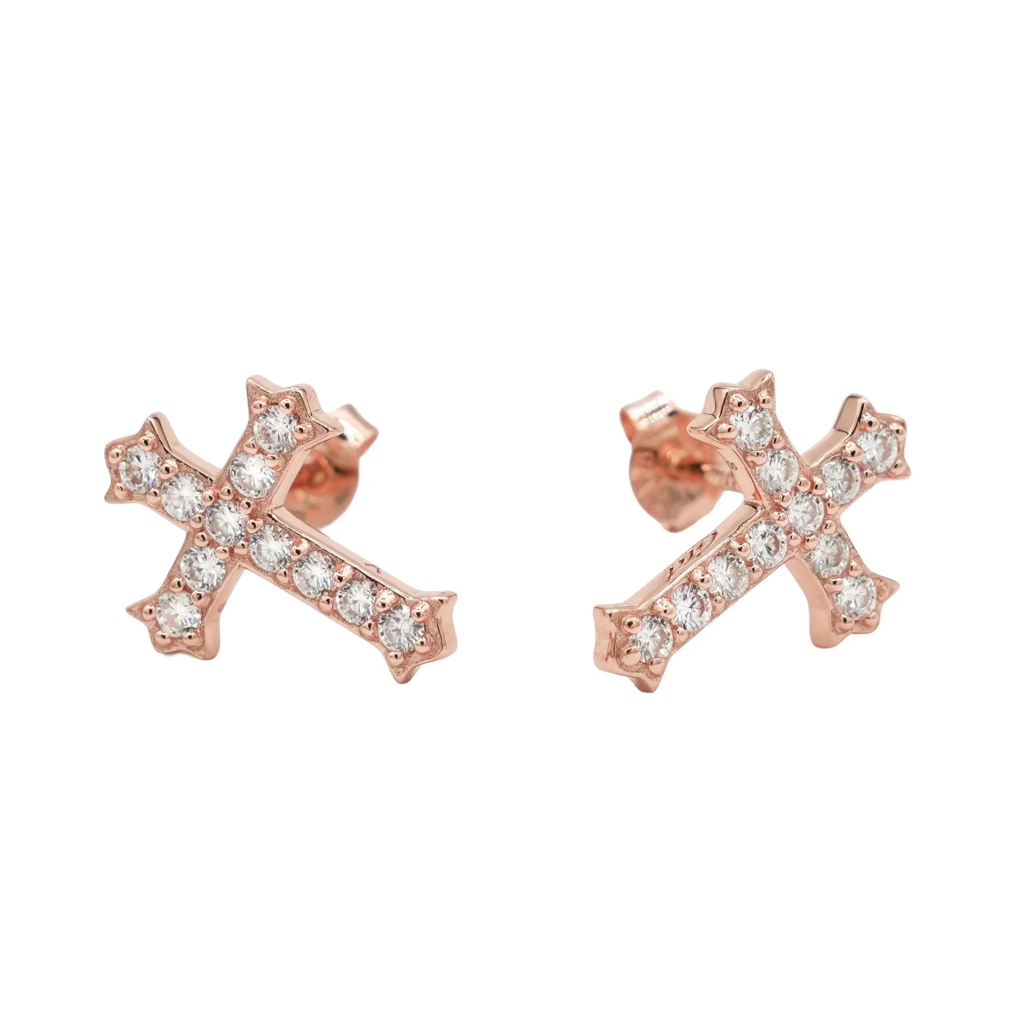 Men's Moissanite Micro Cross Stud Earring in Rose Gold Vermeil