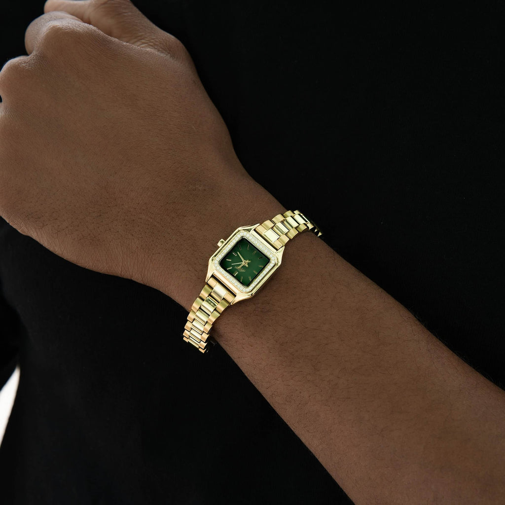 30MM Ethereal Iced Green Dial Band Watch - Yellow Gold