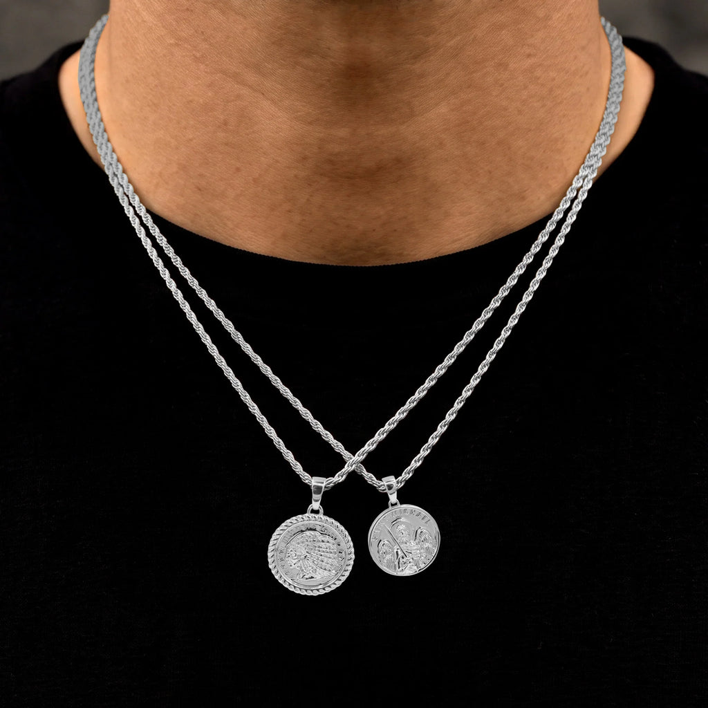 Saint Michael Coin and GLD Chief Coin Pendant Set in White Gold