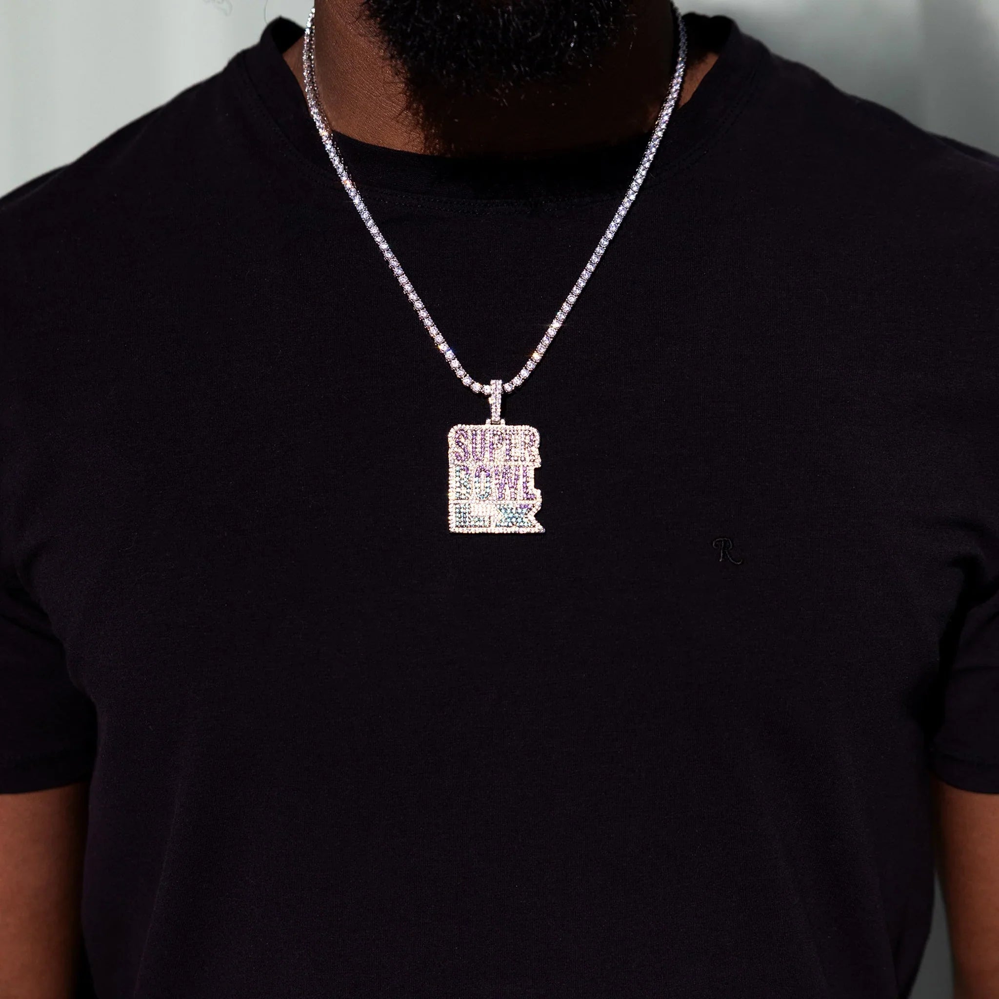 Iced 2026 Blue Ombre Stacked Super Bowl LX Official NFL Wordmark Pendant in White Gold
