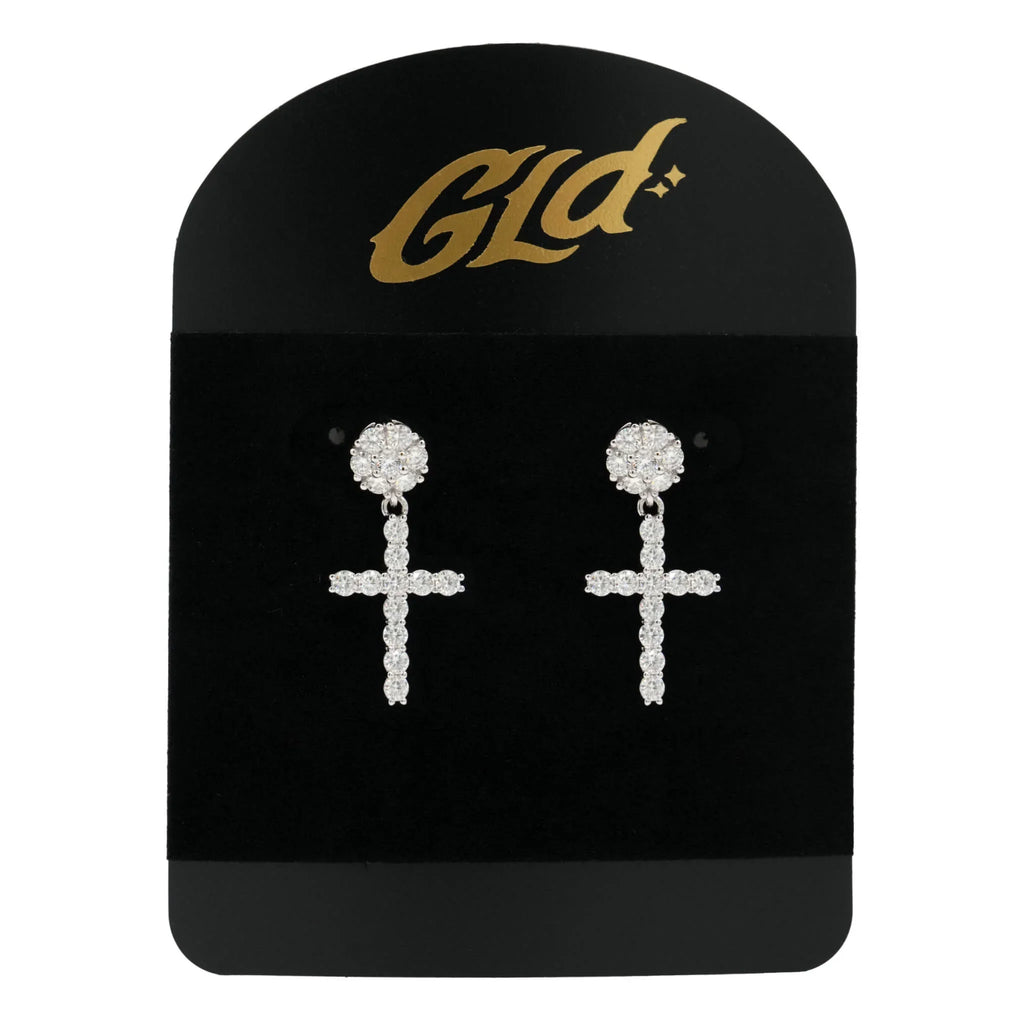 Men's Moissanite Diamond Studded Cross Earring in White Gold Vermeil