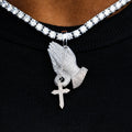 Iced Praying Hands with Cross Pendant in White Gold