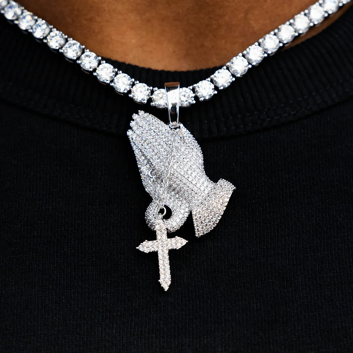 Iced Praying Hands with Cross Pendant in White Gold
