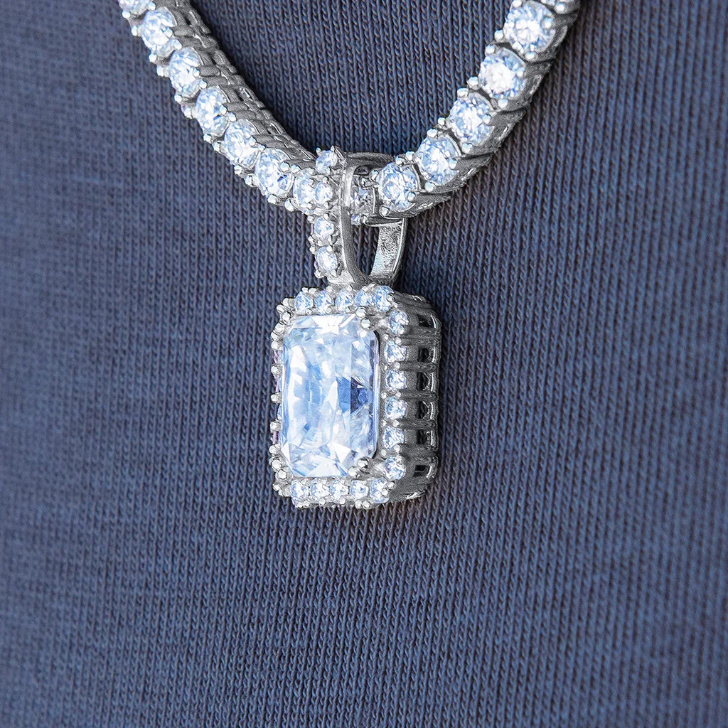 Men's Moissanite Micro Diamond Stone Pendant in White Gold Vermeil