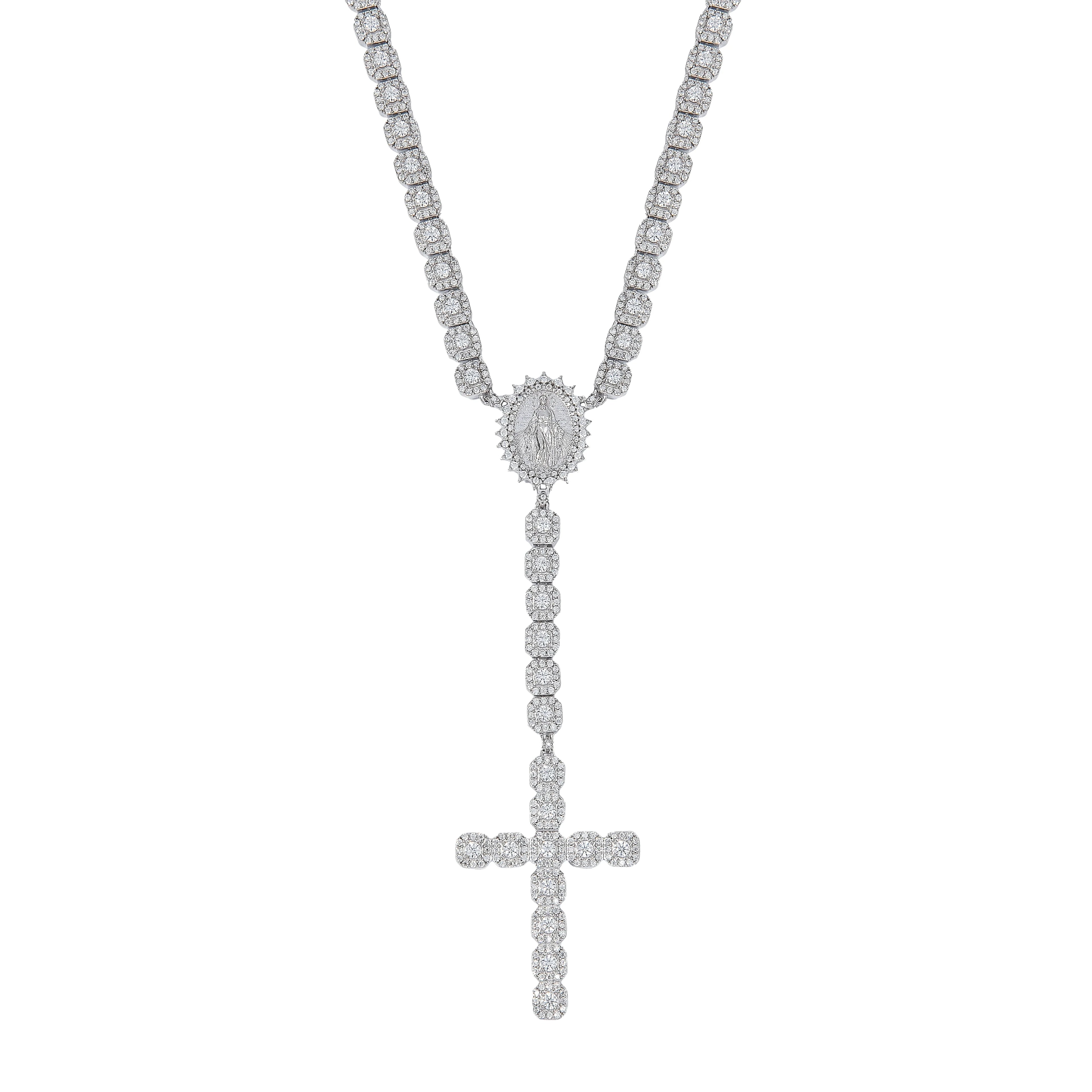 Men's Moissanite Micro Clustered Rosary Chain Necklace in White Gold Vermeil