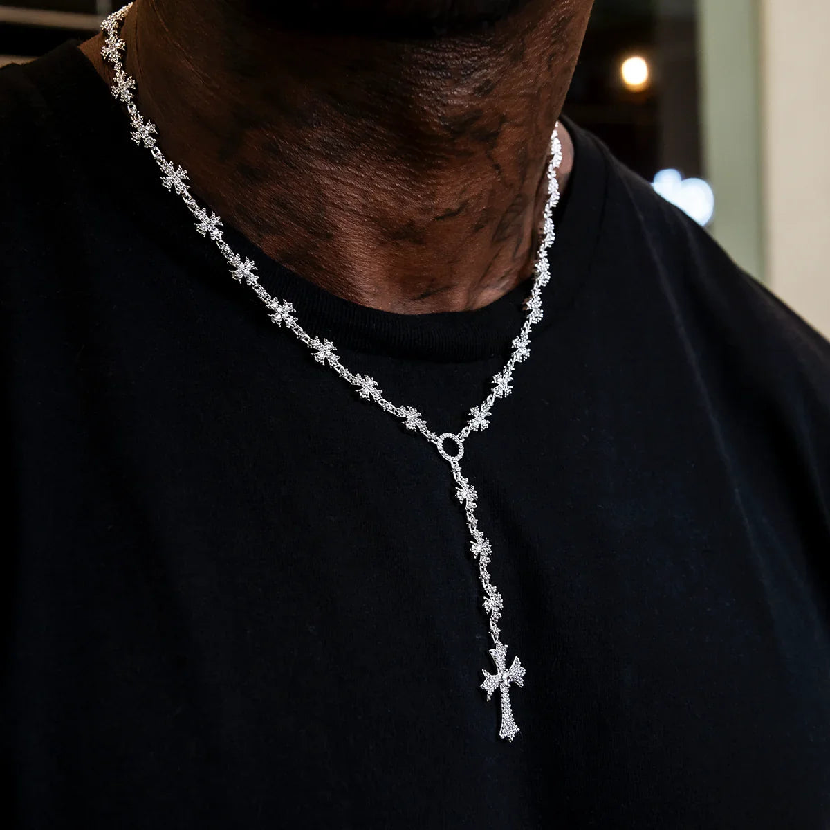 Flared Cross Rosary Chain in White Gold - 8mm