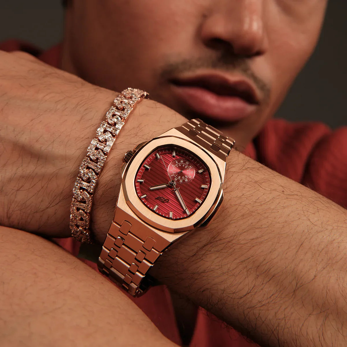 39MM Visionary Plain Case & Red Dial Watch - Rose Gold